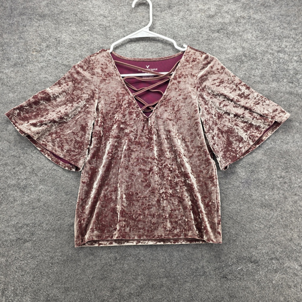 American Eagle Shirt Womens Small Pink Velvet Crushed Bell Sleeve Keyhole Top